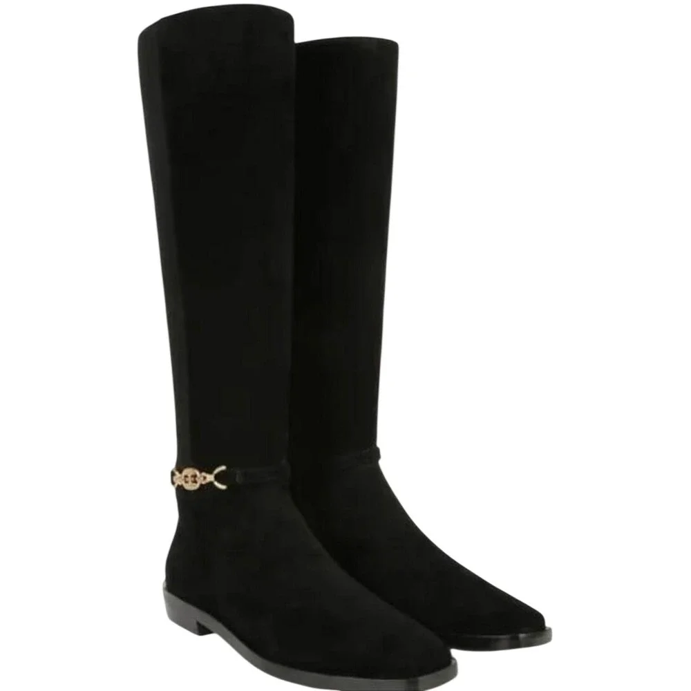 Sam Edelman Clive Black Suede Knee High Boots Square Toe Gold Chain Size 6